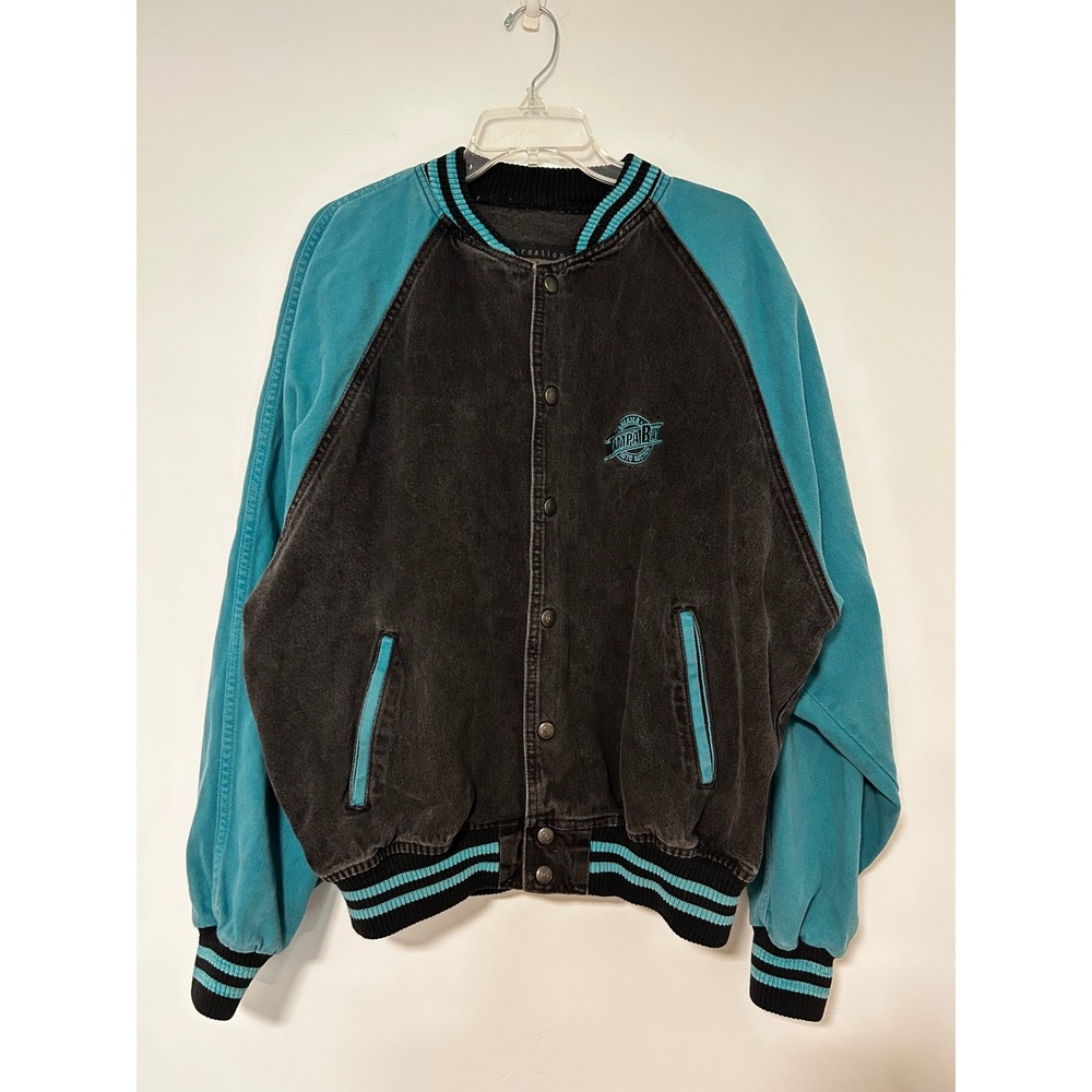 International Denim Vintage Varsity Bomber Jacket Black Teal XL Tampa Bay Auto